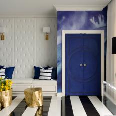 Blue and White Eclectic Entry With Striped Floors