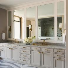 Neutral Transitional Double Vanity Bathroom With Hydrangea