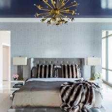 Gray Contemporary Bedroom With Navy Blue Ceiling
