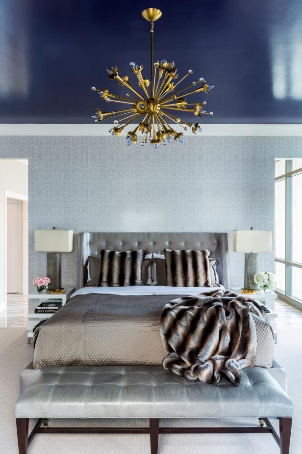 Gray Contemporary Bedroom With Navy Blue Ceiling Hgtv