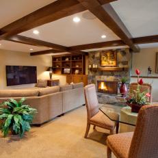 Traditional Neutral Living Room With Exposed Wood Beams
