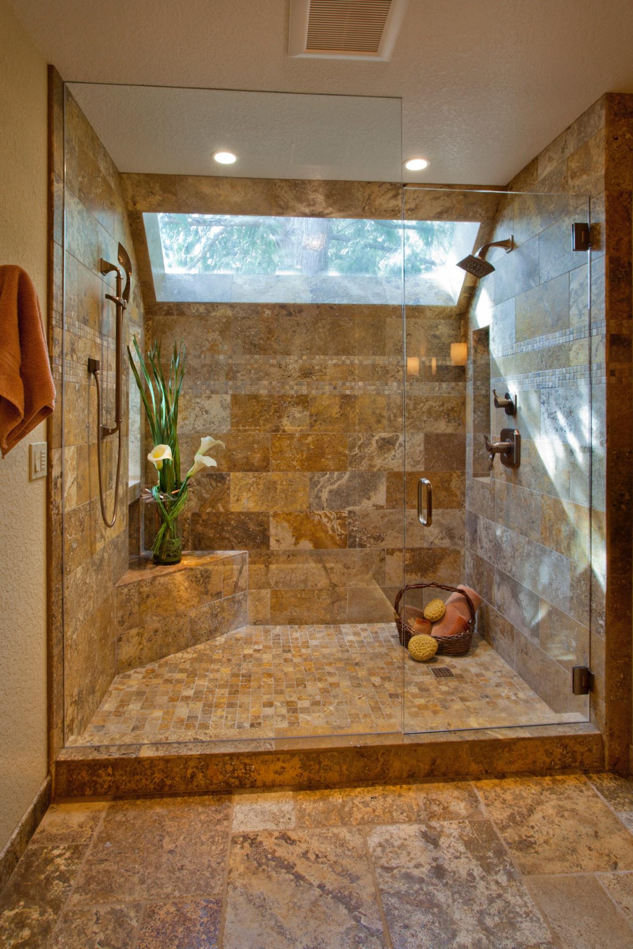 Elegant Walk-In Shower With Tile Walls and Skylight | HGTV