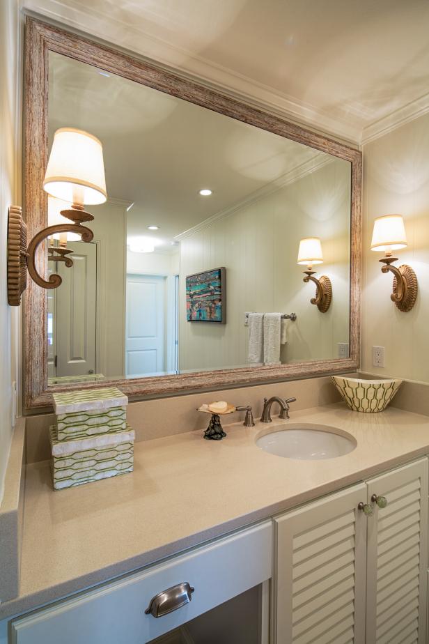 Coastal Master Bathroom With Wood Framed Mirror | HGTV