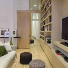Contemporary Living Room With Wall-to-Wall Bookshelf