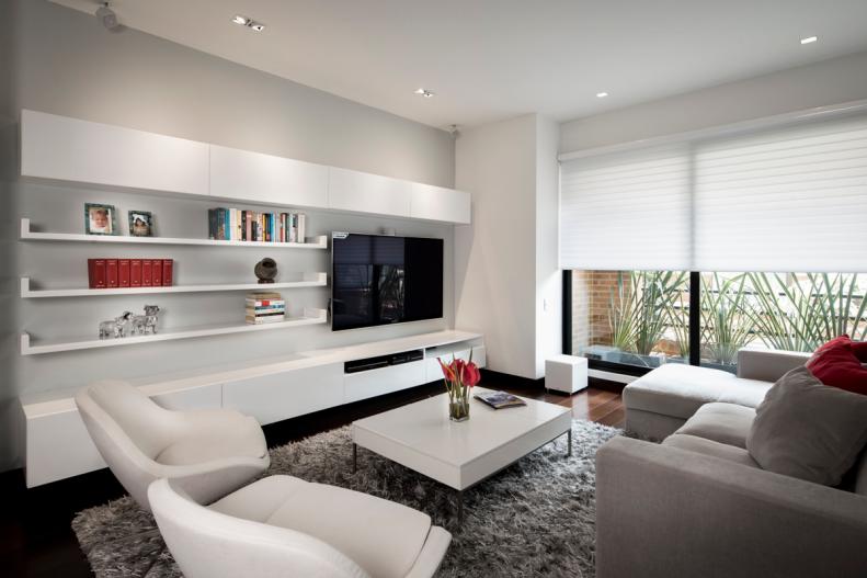 Neutral Modern Living Room With Floating Shelves 