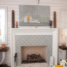 White Fireplace With Gray Patterned Surround
