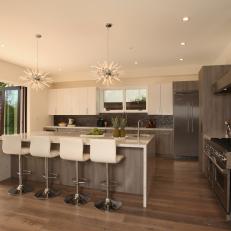 Beautiful Modern Kitchen With Neutral Tones and Funky Pendant Lights 