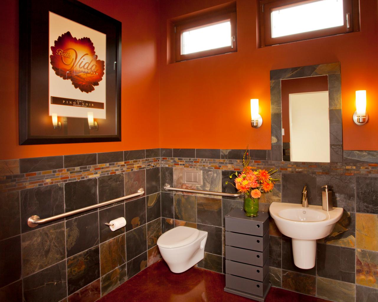 Modern Orange Bathroom With Dark Marble Half Wall And Floating Bathroom With Dark Marble Half Wall