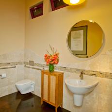 Modern Neutral Bathroom Features Waved Tile Wall Design 
