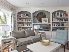 Neutral Sitting Room With Two-Toned Bookshelves, Neutral Loveseat