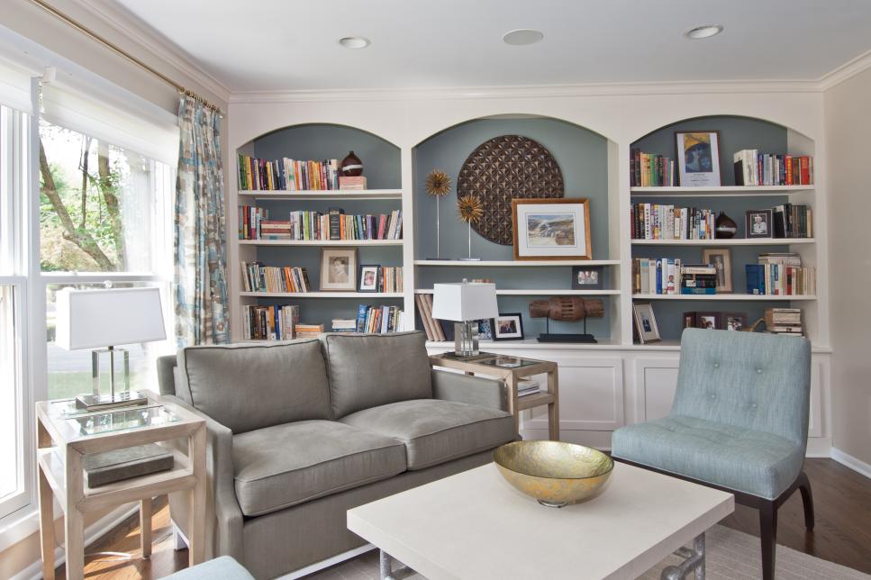 Neutral Sitting Room With Two-Toned Bookshelves, Neutral Loveseat