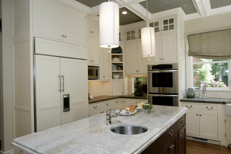 White Kitchen With Pendant Lights, Island With Prep Sink