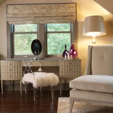 Cream Vanity With Lucite Chair Gives Neutral Bedroom Glamorous Touch