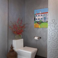 Art Deco Powder Room With Silver Graphic Wallpaper