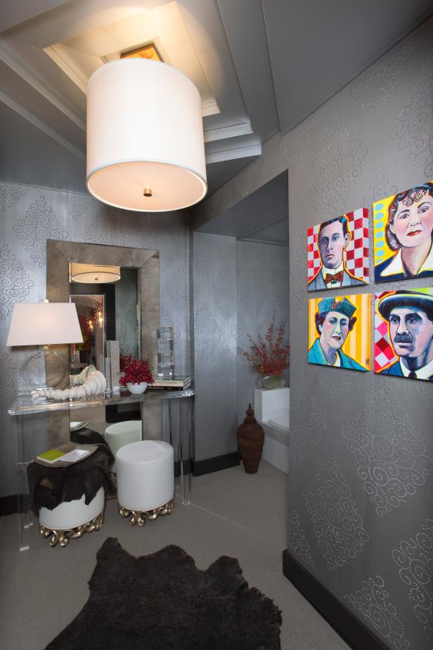 Art Deco Powder Room With Silver Wallpaper | Susan Brunstrum | HGTV