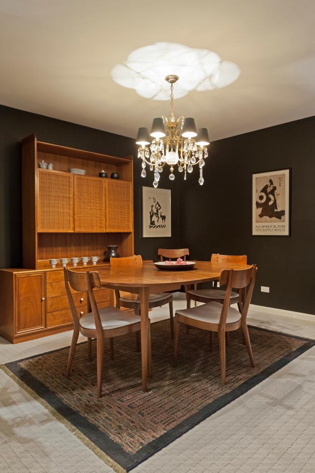 Black Midcentury Modern Dining Room With Wood Shelf | HGTV