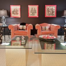 Black Living Room With Pink Armchairs