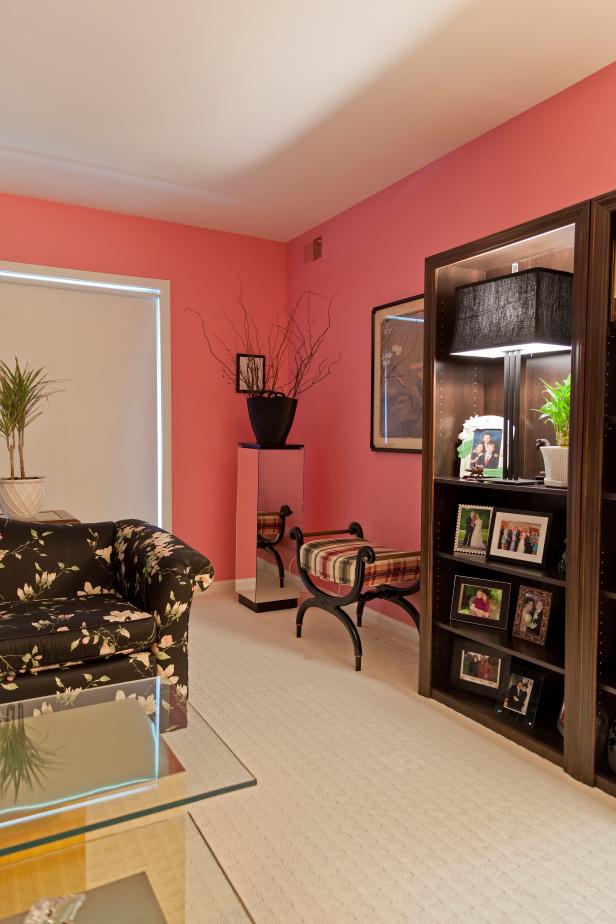 Pink Living Room With Black Floral Sofa | HGTV