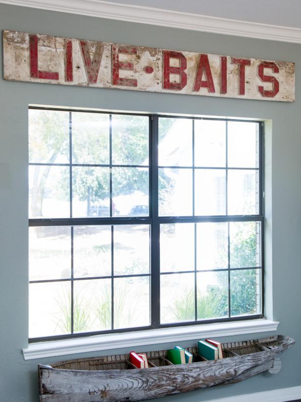Live Bait Sign Over Window and Antique Canoe