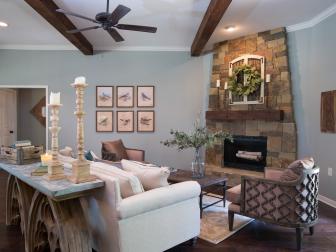 Blue Living Room with a Stone Fireplace 