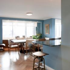 Blue Midcentury Modern Dining Room and Kitchen Bar