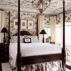 Sophisticated Bedroom Features Brown & White Wallpaper