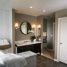 Brown Transitional Master Bathroom With Marble Countertops