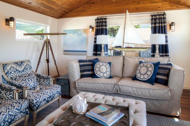 White Coastal Living Room With Slipcovered Sofa & Telescope