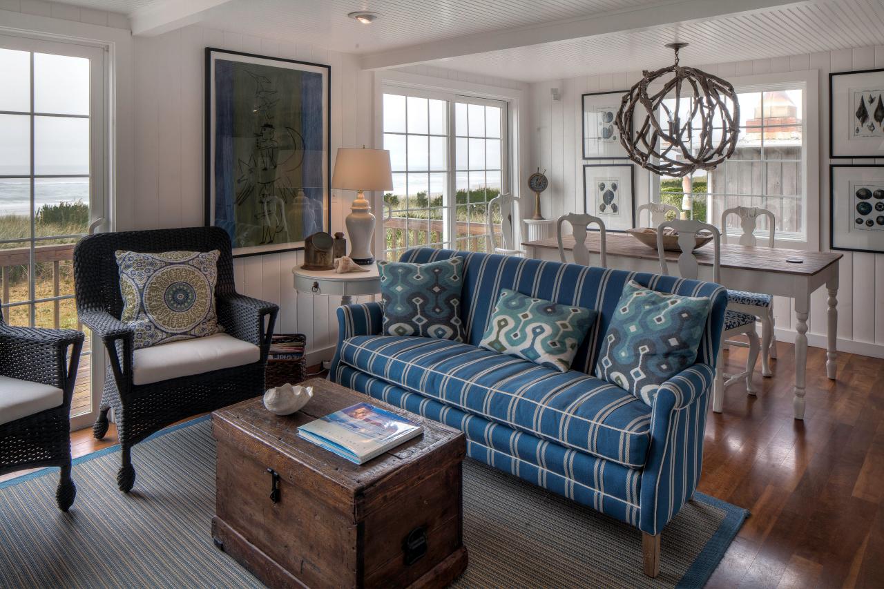 Blue and White Coastal Living Room With Blue Sofa HGTV