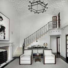 Black and White Living Room With Restored Railing