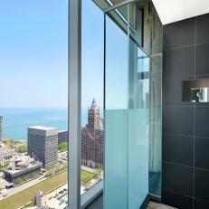 Contemporary Gray Tiled Shower With City View