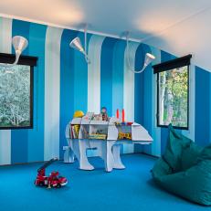 Contemporary Kid's Bedroom in Blue With Polar Bear Shelf