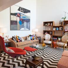 Eclectic Living Room With Black and White Chevron Rug