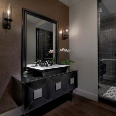 Timeless, Handsome Bathroom With Sparkling Copper Wallpaper & Black, Geometric Vanity