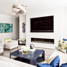 White Contemporary Family Room With Gray Coffee Table
