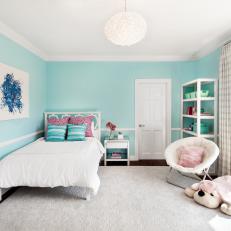 Blue Transitional Girl's Bedroom With Stuffed Dog