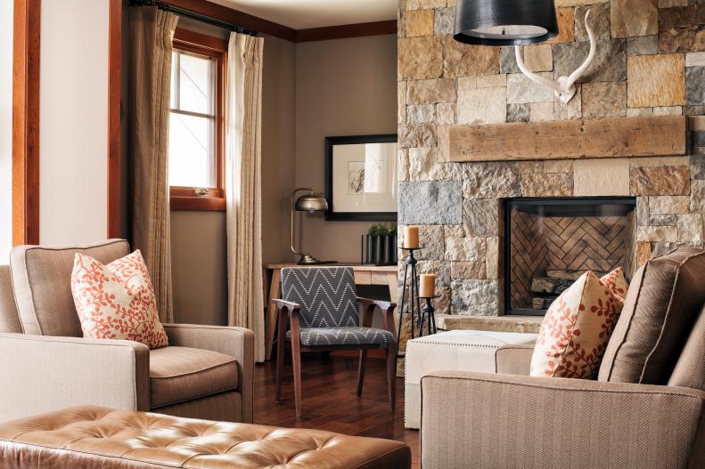Neutral, Rustic Living Room With Stone Fireplace