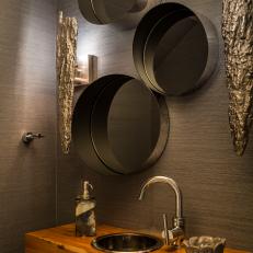 Wood Bathroom Vanity and Trio of Mirrors