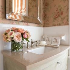Elegant Guest Bathroom With Floral Wallpaper and Refinished Tiles
