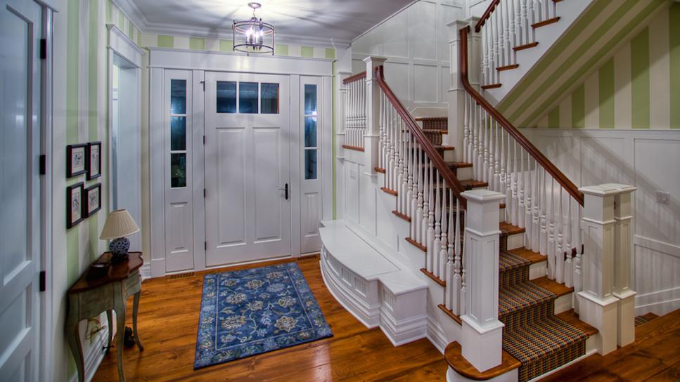 Green and White Traditional Foyer With Bench | HGTV