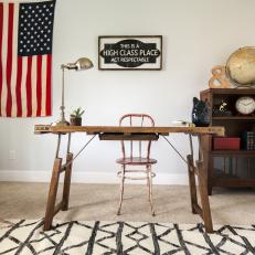 Home Office With Rustic, Vintage Furniture and American Flag
