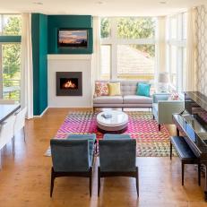 Living Room With Wood Floor, Teal Wall