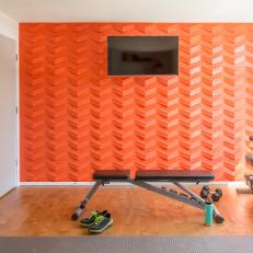 Home Gym With Patterned Orange Wall