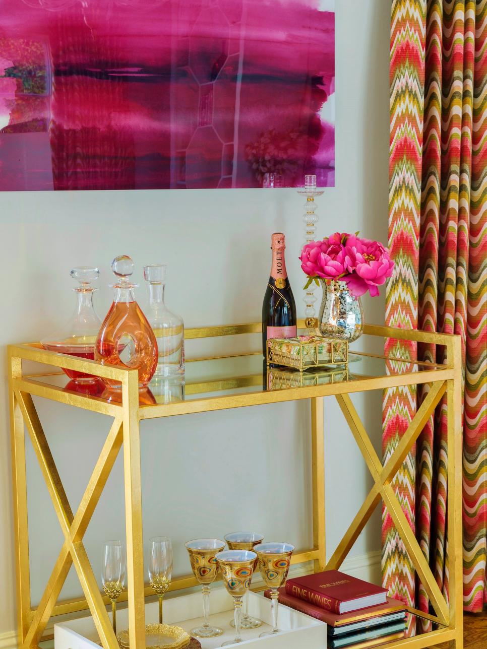 Gilded Bar Cart in Feminine Living Room | HGTV