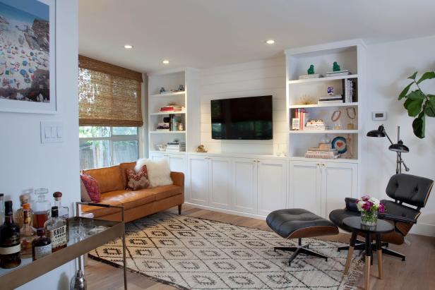 White Eclectic Living Room With Built-In Entertainment Center