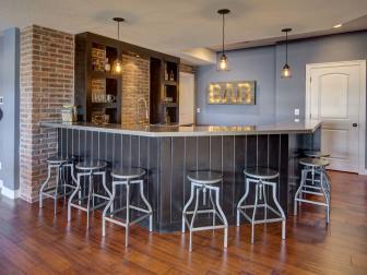 Blue Wet Bar With Exposed Red Brick Wall