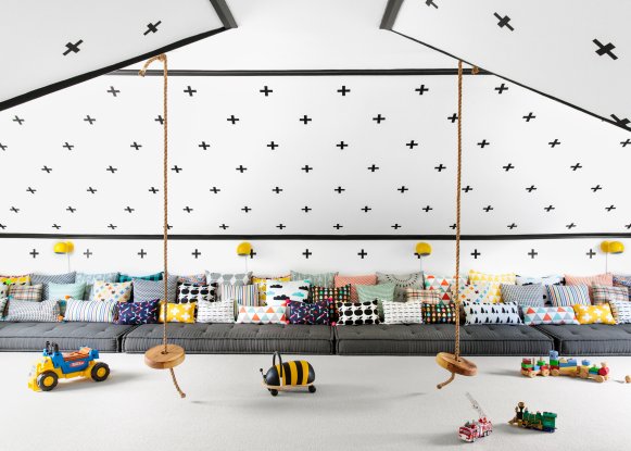 Eclectic White Playroom With Swiss Cross Wall Feature