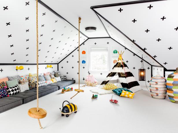 Modern White Playroom With Teepee and Rope Swings