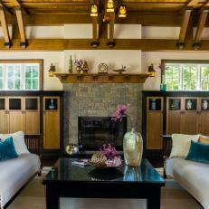 Craftsman Living Room With Exposed Beam Wood Paneled Ceiling 