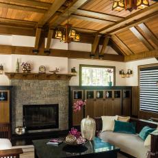 Craftsman Living Room With Wood Plank Ceiling